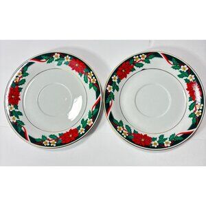 Tienshan Deck The Halls Christmas Saucer Set Of 2 Christmas Holiday Vintage 1990